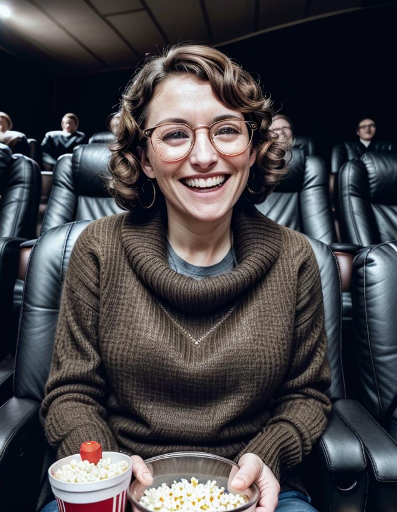 00782-1425325572-photo of a woman in a movie theatre, curled up in her chair,  in a cashmere sweater, black rim glasses,  eating popcorn and a so.png